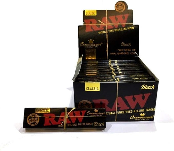 Raw - Black Connoisseur King Size Rolling Papers & Tips - Pack of 24 - Vapeareawholesale
